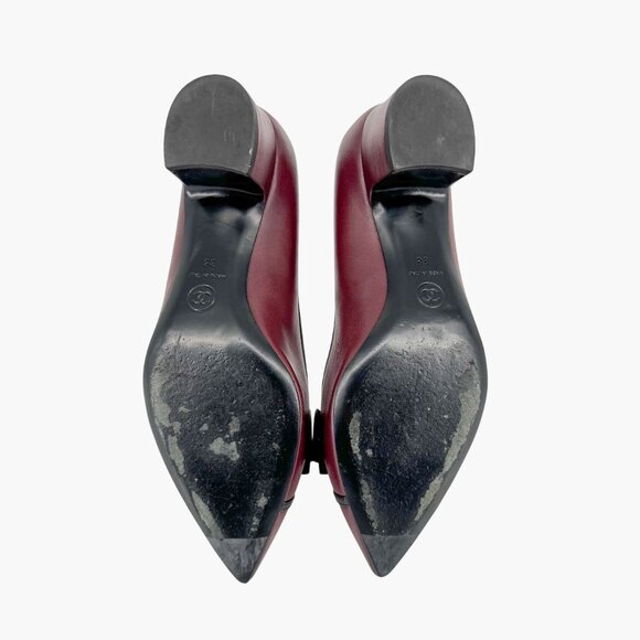 Chanel Pointed Toe Bow Pumps Size 38 US 7-7.5 Maroon Leather CC Mid Block Heel - Picture 13 of 15